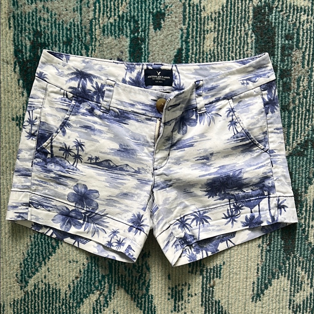 American Eagle Outfitters Blue and White Jean Shorts Tropical Print